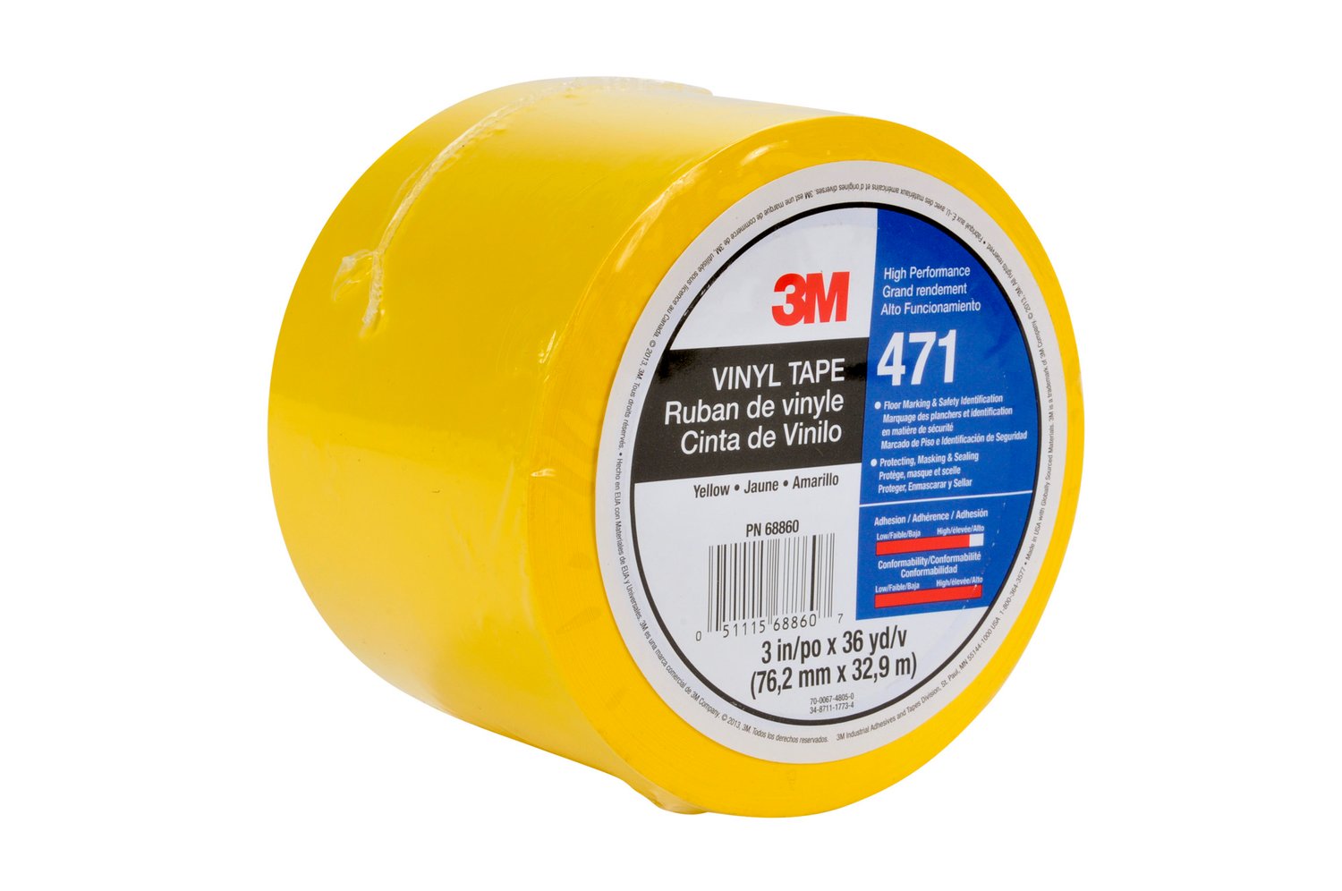 7100081928 - 3M Vinyl Tape 471, Yellow, 3 in x 36 yd, 5.2 mil, 12 Roll/Case, Individually Wrapped Conveniently Packaged