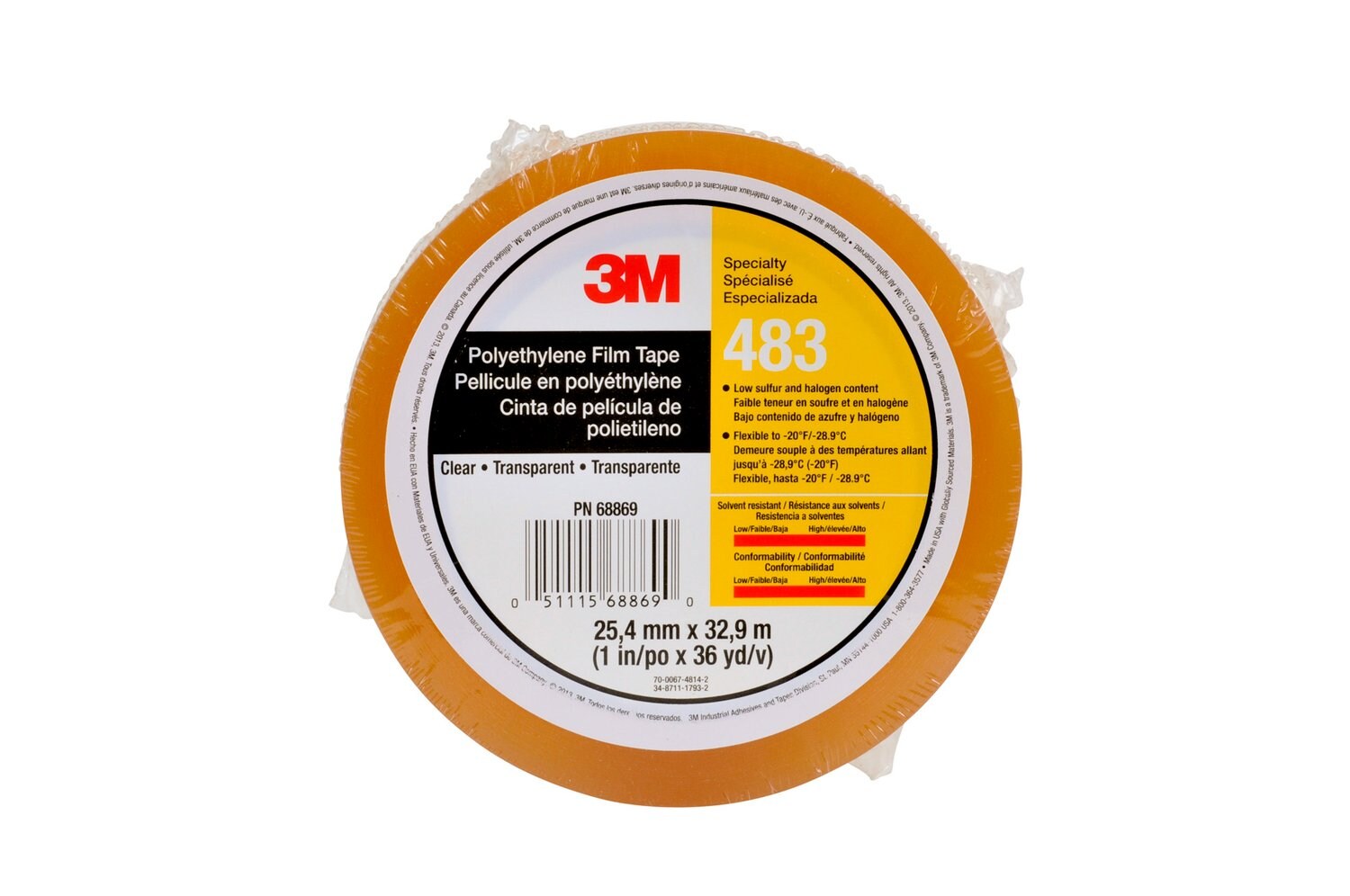 7010335143 - 3M Polyethylene Tape 483, Transparent, 1 in x 36 yd, 5.0 mil, 36 Roll/Case, Individually Wrapped Conveniently Packaged