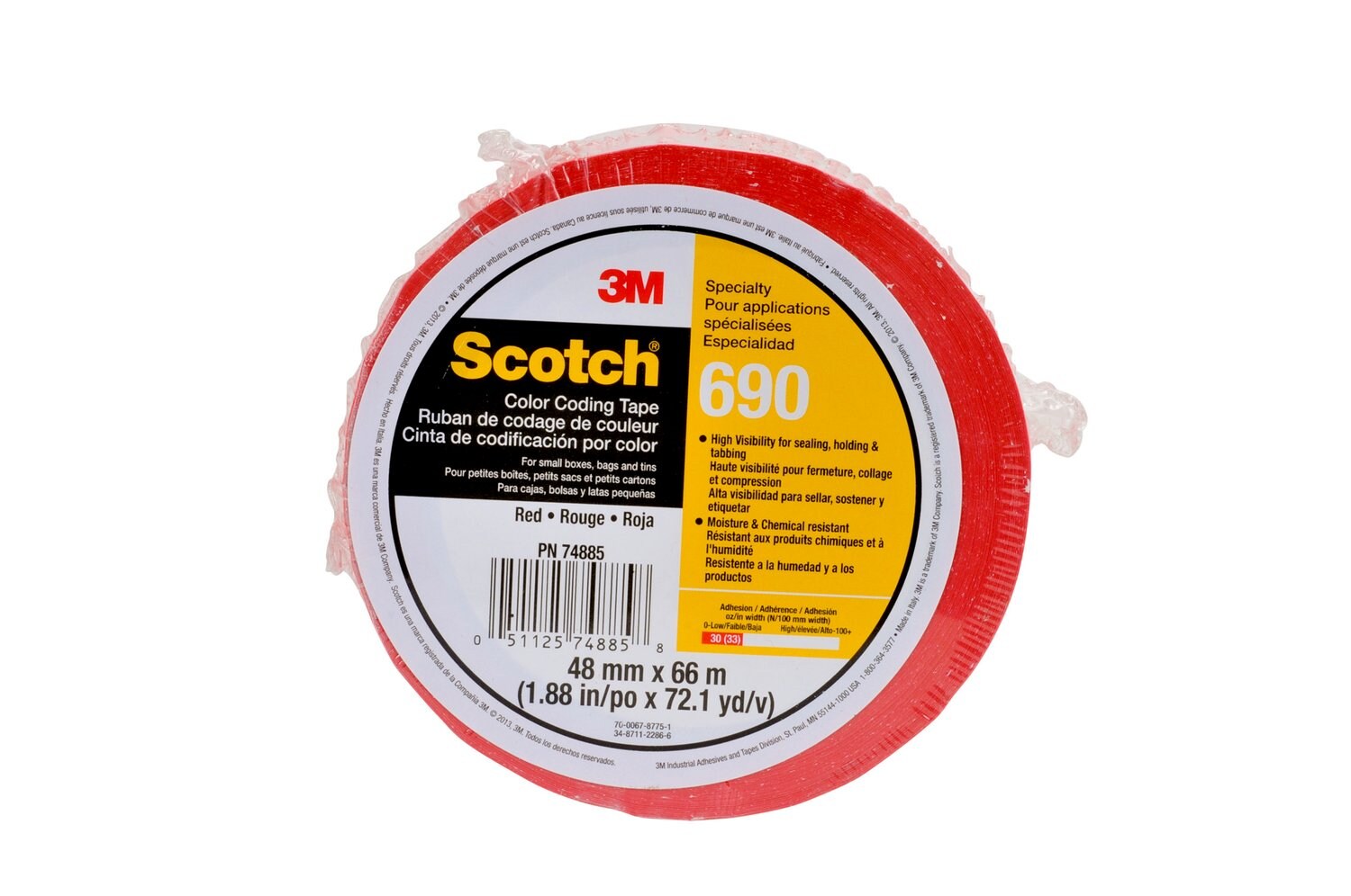 7010375597 - Scotch Color Coding Tape 690, Red, 48 mm x 66 m, 36 Rolls/Case,
Individually Wrapped Conveniently Packaged