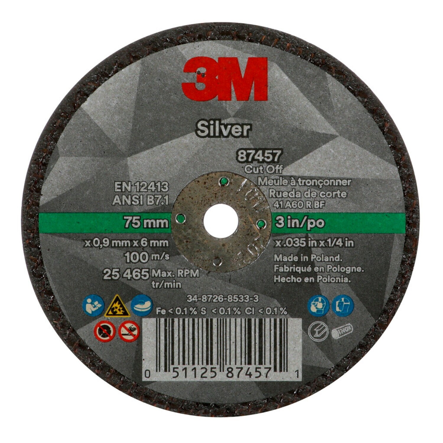 7100138406 - 3M Silver Cut-Off Wheel, 87457, 60+, T1, 3 in x 0.035 in x 1/4 in, 50 ea/Case