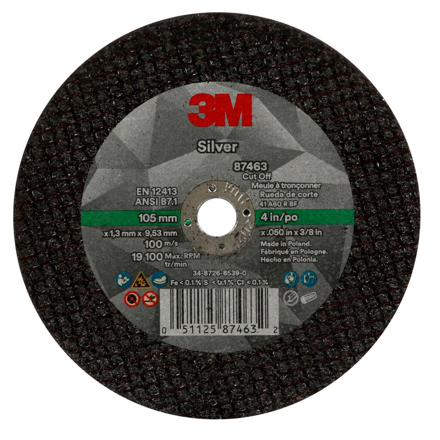 7100139222 - 3M Silver Cut-Off Wheel, 87463, 36+, T1, 4 in x 0.05 in x 3/8 in, 50 ea/Case