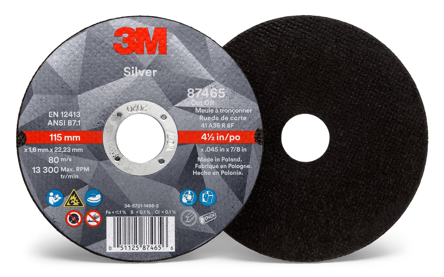 7100139228 - 3M Silver Cut-Off Wheel, 87465, 36+, T1, 4.5 in x 0.045 in x 7/8 in, 50 ea/Case