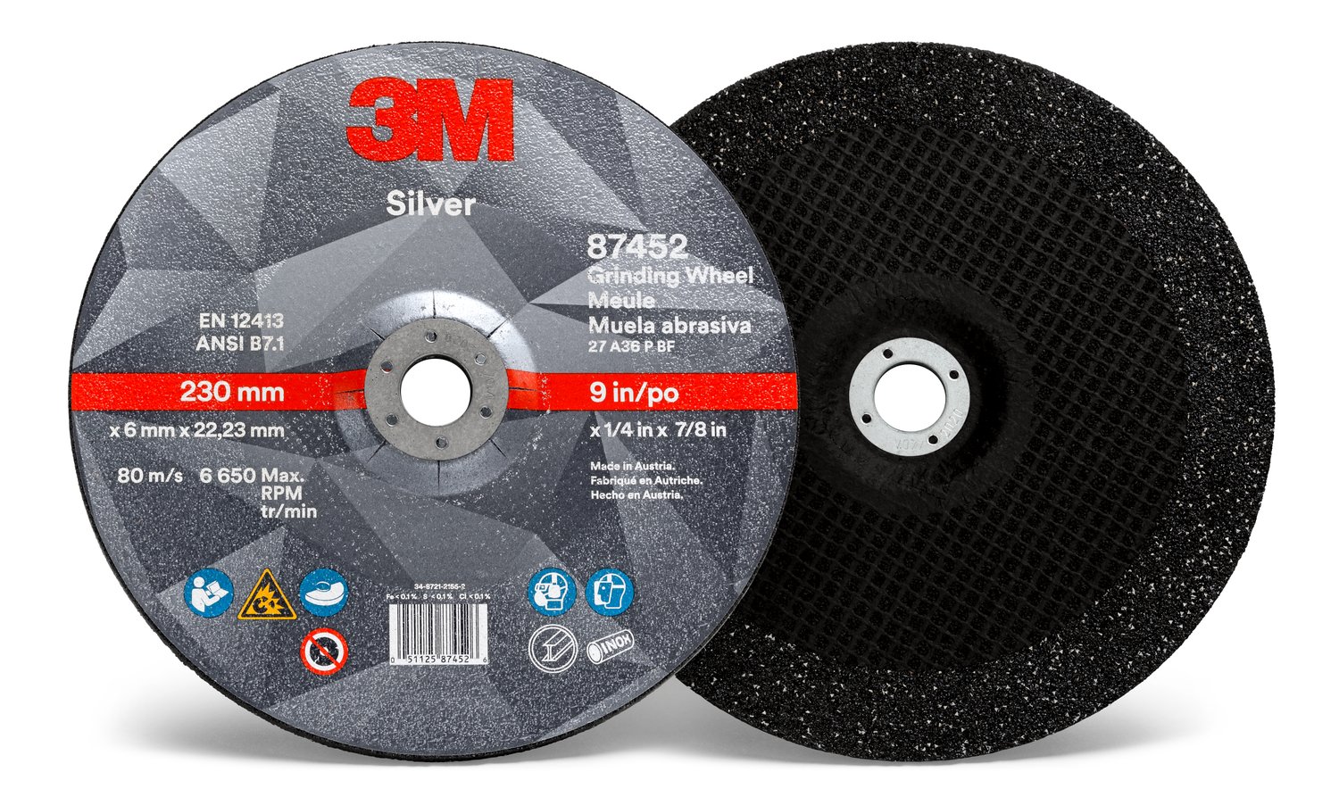 7010410647 - 3M Silver Depressed Center Grinding Wheel, 87452, 36+, T27, 9 in x 1/4 in x 7/8 in, 10/Carton, 20 ea/Case