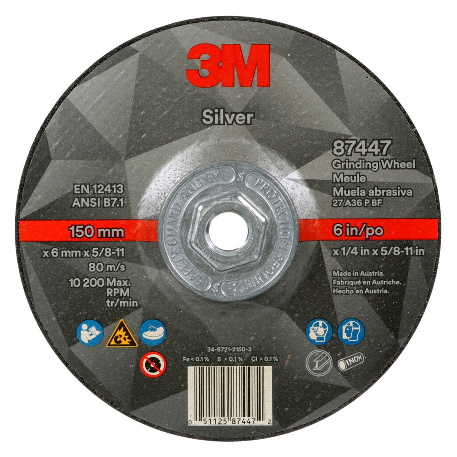 7100244821 - 3M Silver Depressed Center Grinding Wheel, 87447, 36+, T27 Quick Change, 6 in x 1/4 in x 5/8 in-11, 10/Carton, 20 ea/Case