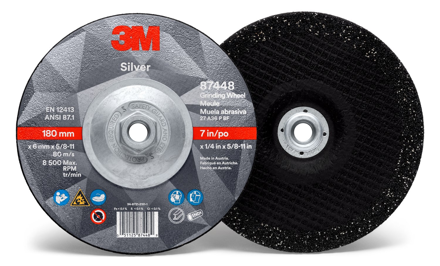7010412150 - 3M Silver Depressed Center Grinding Wheel, 87448, 36+, T27 Quick Change, 7 in x 1/4 in x 5/8 in-11, 10/Carton, 20 ea/Case