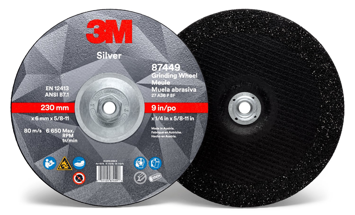 7010409732 - 3M Silver Depressed Center Grinding Wheel, 87449, T27 Quick Change, 9
in x 1/4 in x 5/8 in-11, 10/Carton, 20 ea/Case