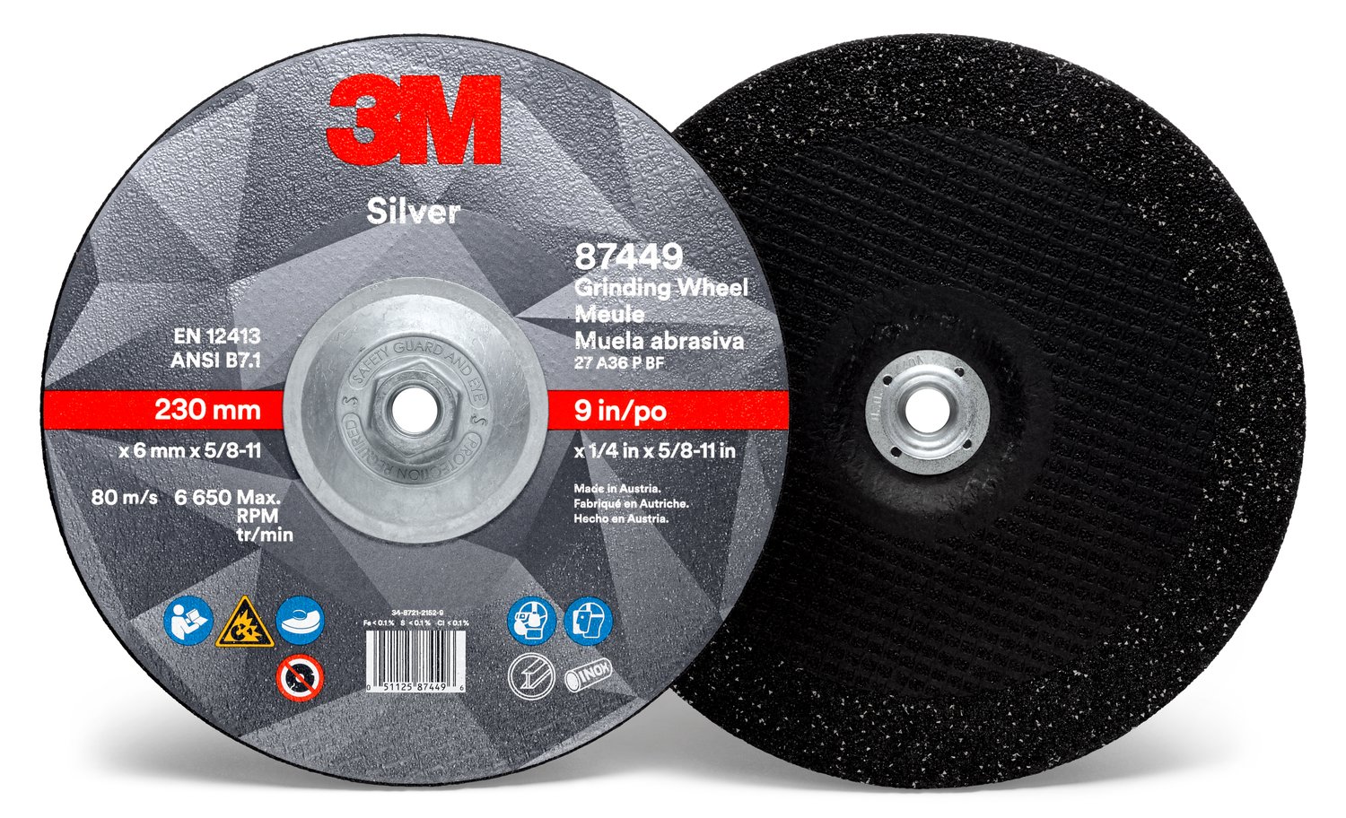 7010409732 - 3M Silver Depressed Center Grinding Wheel, 87449, 36+, T27 Quick Change, 9 in x 1/4 in x 5/8 in-11, 10/Carton, 20 ea/Case