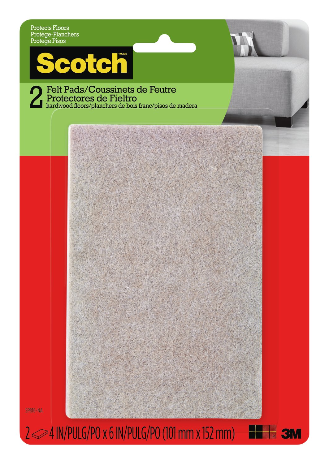 7100142705 - Scotch Easy Cut Felt Pads, SP810-NA, 4 in x 6 in, Beige, 2/pk