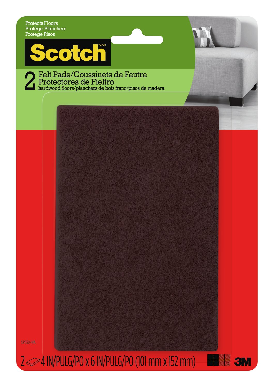 7100142706 - Scotch Easy Cut Felt Pads, SP830-NA, 4 in x 6 in, Brown, 2/pk