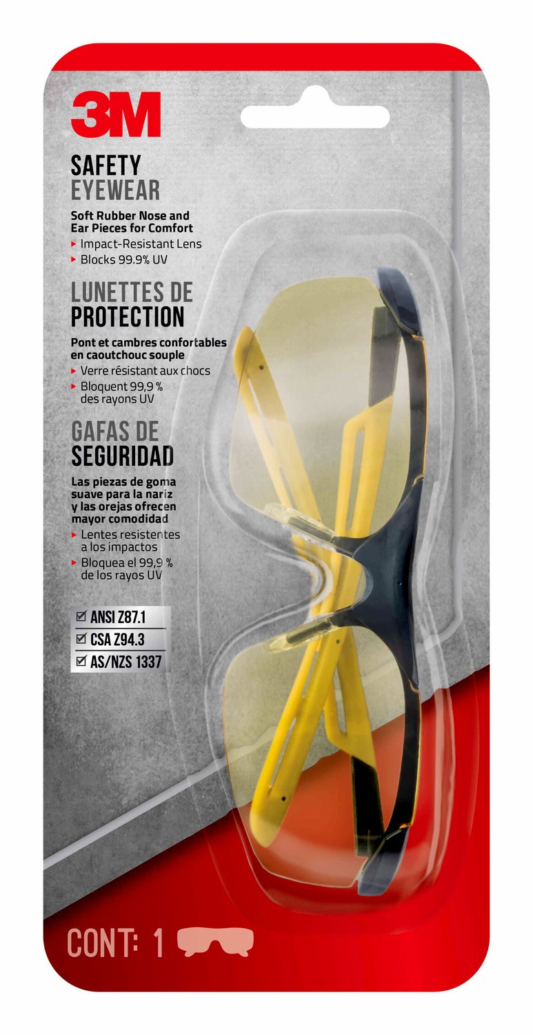 7100158607 - 3M Safety Eyewear Amber Comfort 90211-HV6-NA, Black Frame Yellow Accent, AF & Scratch Resistant Lens, 6 ea/case