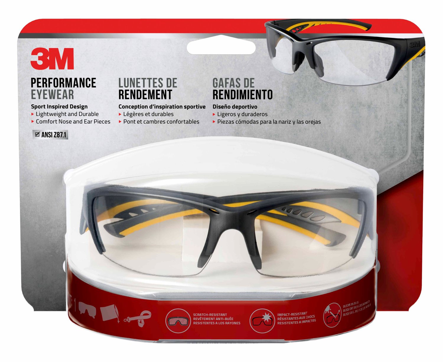 7100158601 - 3M Safety Eyewear 90212-HZ4, Gray Frame Yellow Accent, Clr/AF & Scratch Resistant Lens, 4/cs