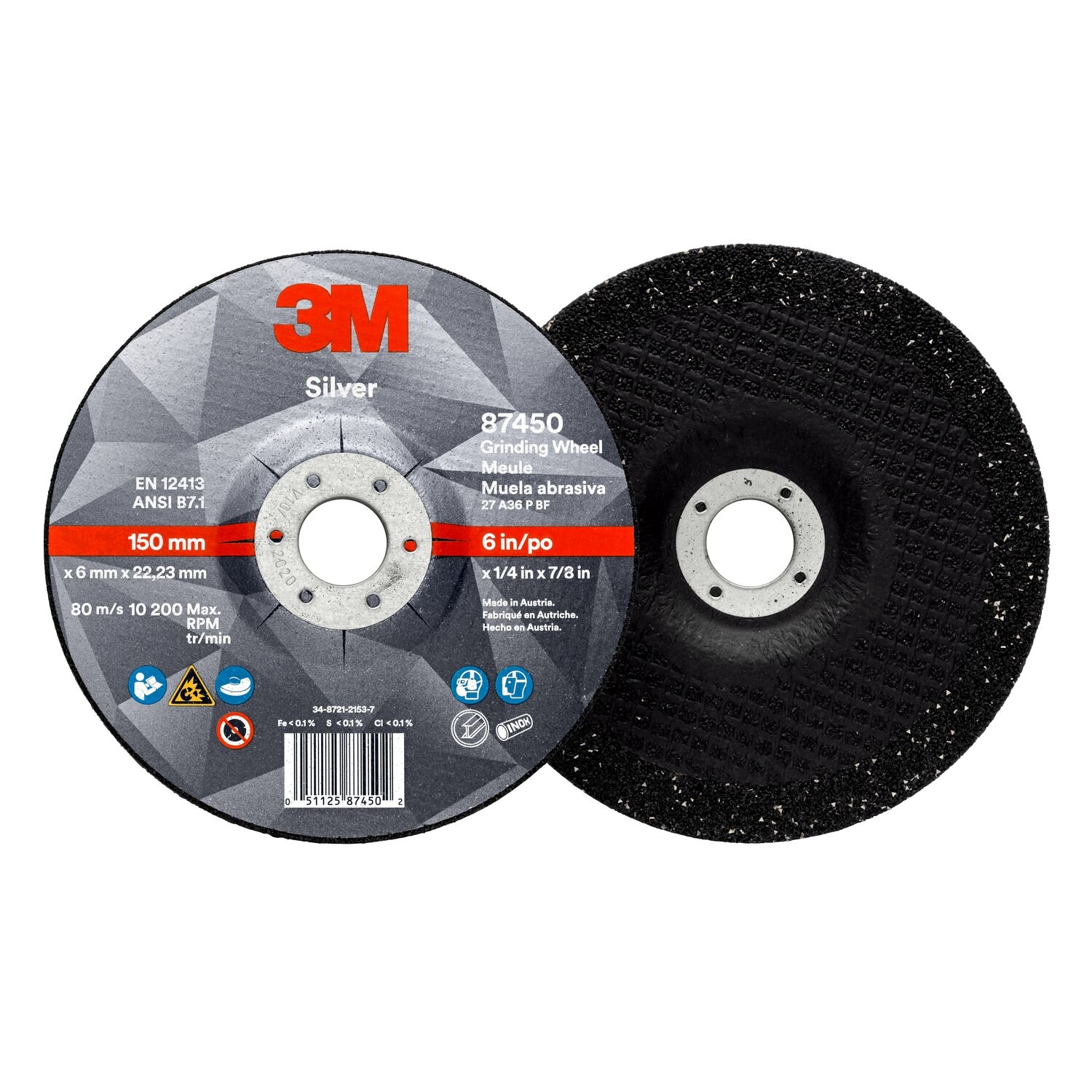 7010414997 - 3M Silver Depressed Center Grinding Wheel, 87450, 36+, T27, 6 in x 1/4 in x 7/8 in, 10/Carton, 20 ea/Case
