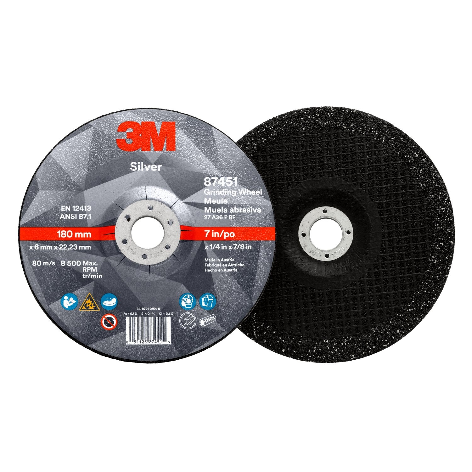 7010412151 - 3M Silver Depressed Center Grinding Wheel, 87451, 36+, T27, 7 in x 1/4 in x 7/8 in, 10/Carton, 20 ea/Case