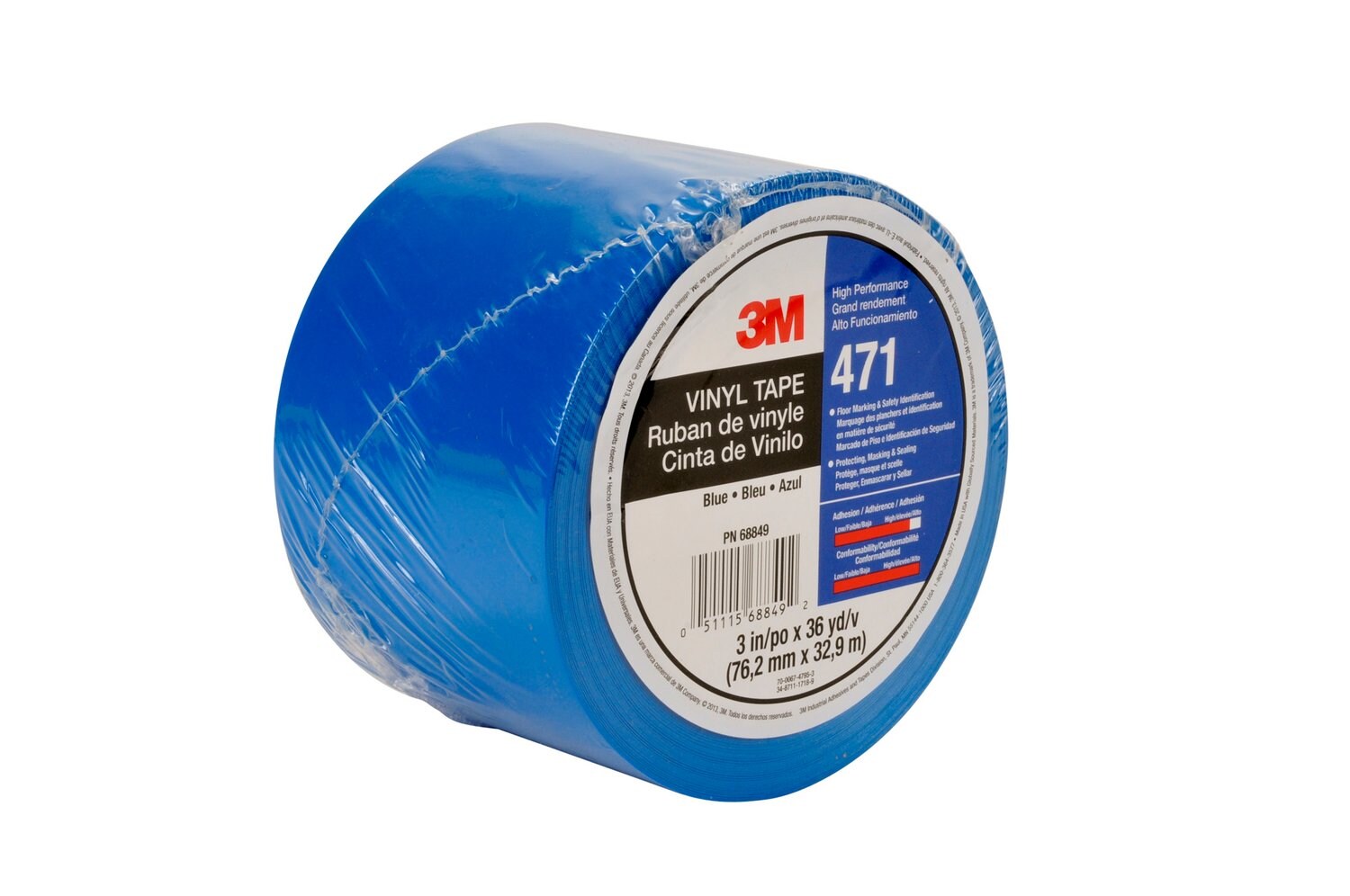 7010375087 - 3M Vinyl Tape 471, Blue, 3 in x 36 yd, 5.2 mil, 12 Roll/Case, Individually Wrapped Conveniently Packaged
