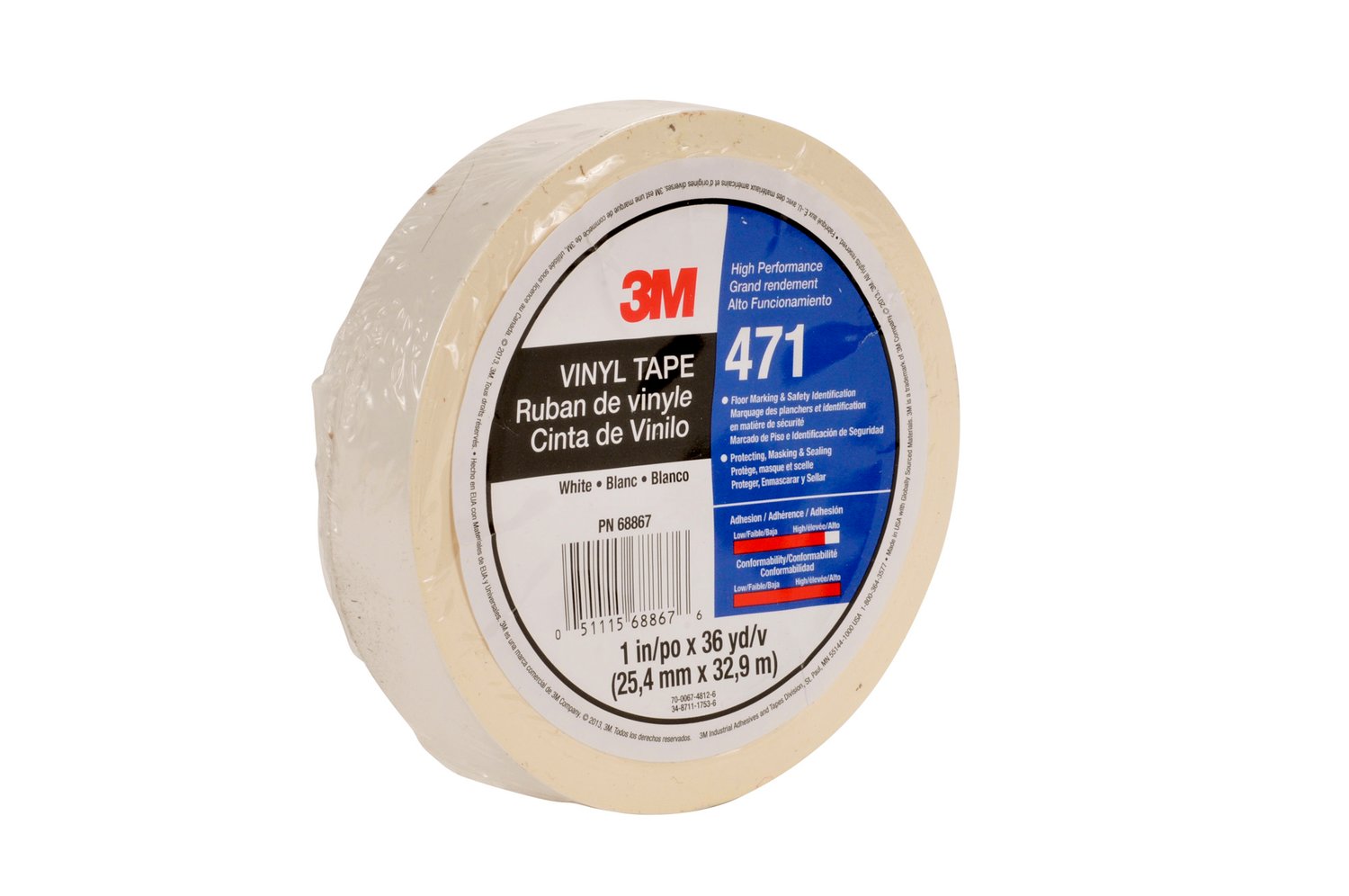 7100044647 - 3M Vinyl Tape 471, White, 1/2 in x 36 yd, 5.2 mil, 72 rolls per case,
Individually Wrapped Conveniently Packaged