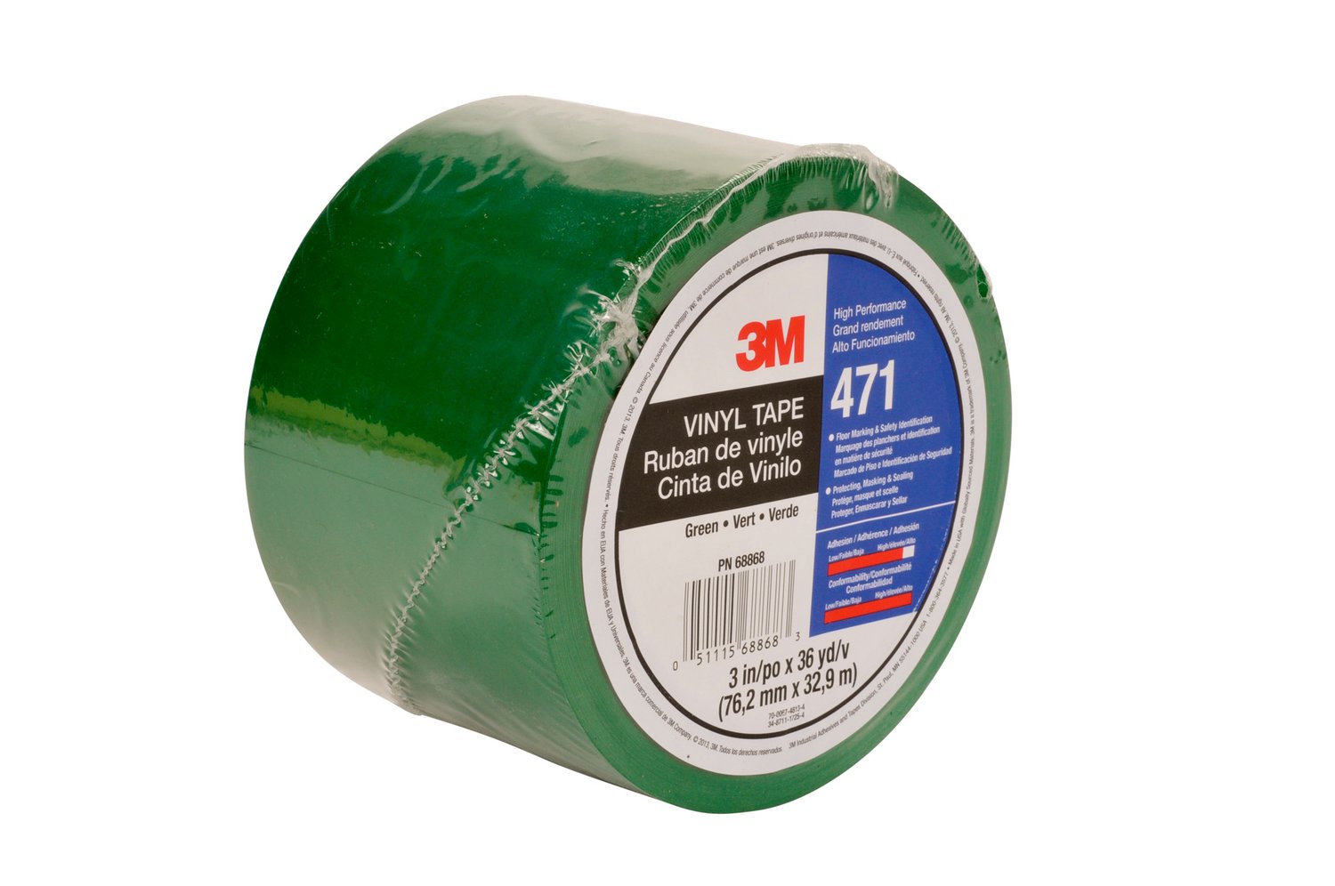 7010375094 - 3M Vinyl Tape 471, Green, 3 in x 36 yd, 5.2 mil, 12 Roll/Case, Individually Wrapped Conveniently Packaged