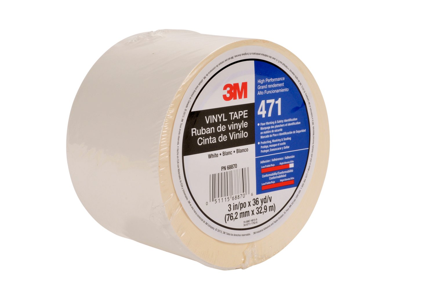 7010375095 - 3M Vinyl Tape 471, White, 3 in x 36 yd, 5.2 mil, 12 Roll/Case, Individually Wrapped Conveniently Packaged