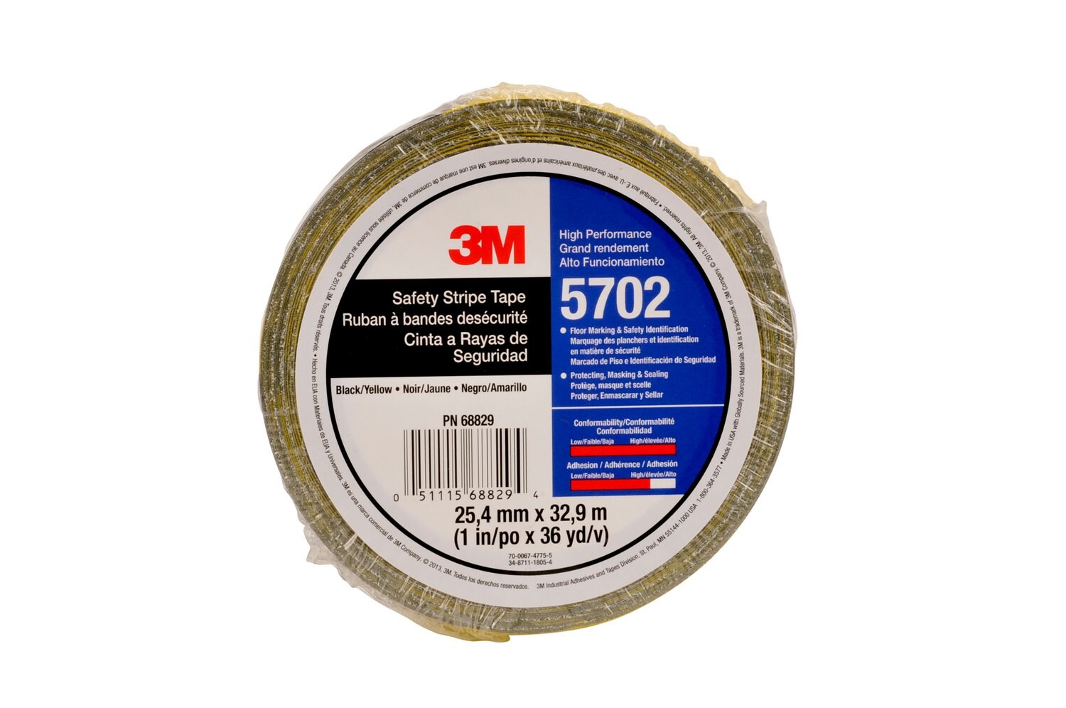 7010375080 - 3M Safety Stripe Tape 5702, Black/Yellow, 1 in x 36 yd, 5.4 mil, 36 Roll/Case, Individually Wrapped Conveniently Packaged