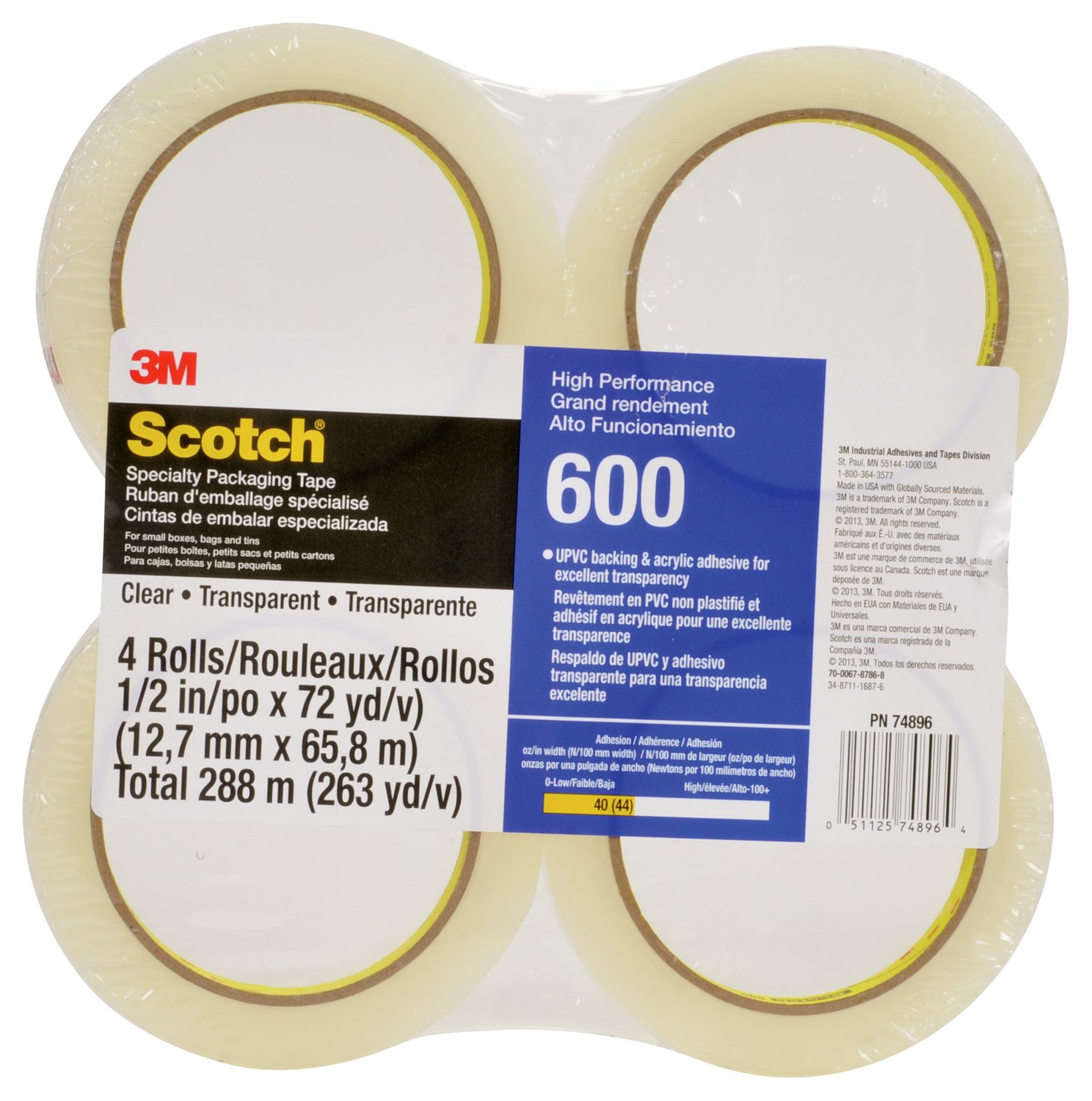 Scotch� Light Duty Packaging Tape 600 Clear High Clarity, 1/2 in x 72 yd