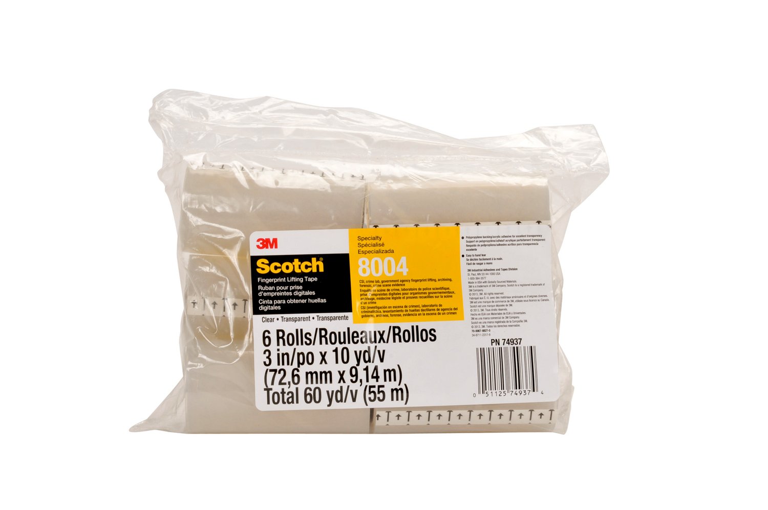 7010374619 - Scotch Fingerprint Lifting Tape 8004, Clear, 3 in x 10 yd, 126/Case, Conveniently Packaged