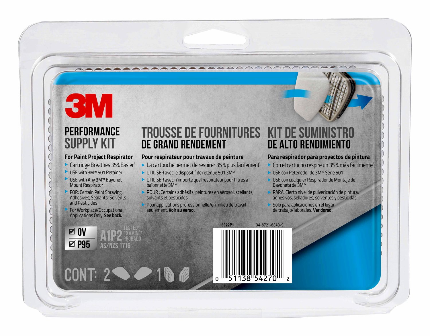 7100159224 - 3M Performance Supply Kit for the Paint Project Respirator OV/P95, 6022P1-DC, 1 kit/pack, 5 packs/case