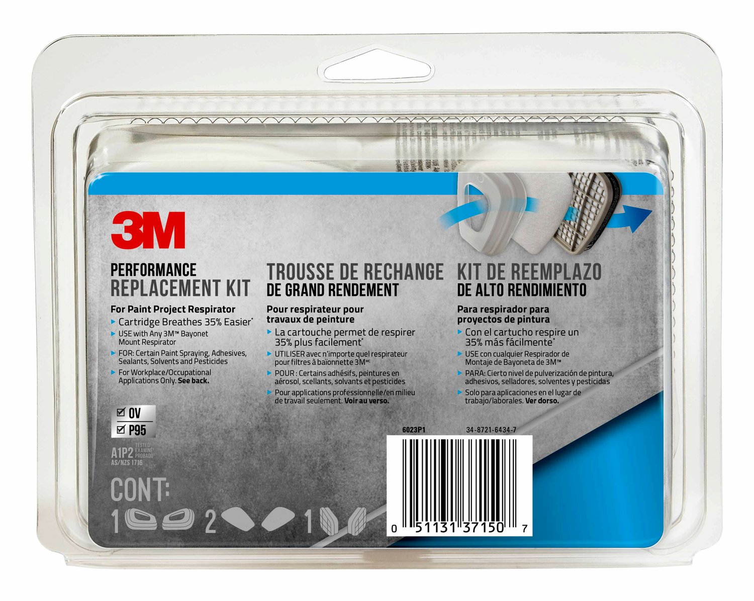 7100153596 - 3M Performance Replacement Kit for the Paint Project Respirator OV/P95, 6023P1-DC, 1 kit/pack, 5 packs/case