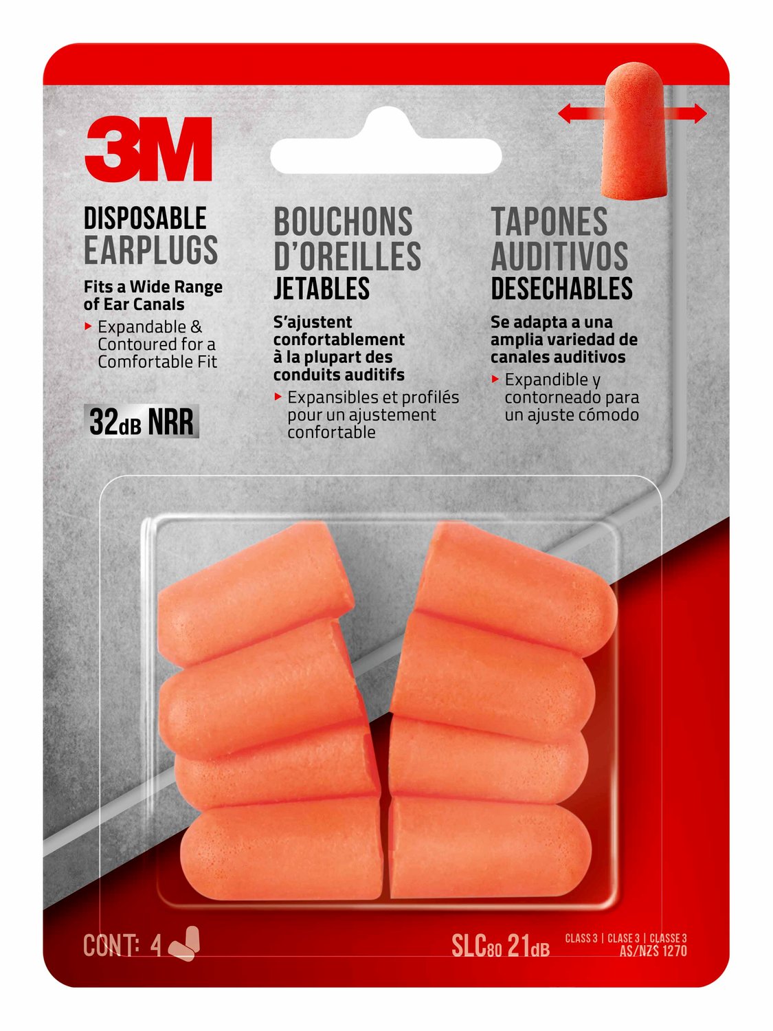 7100158522 - 3M Disposable Earplugs, 92050H4-C, 4 pairs/pack, 20 packs/case
