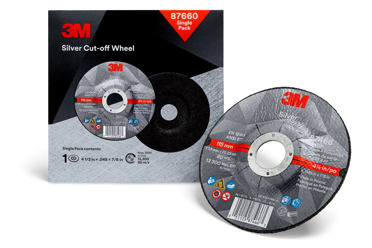 7100176080 - 3M Silver Cut-off Wheel 87660, T27 4.5 in x .045 in x 7/8 in, Point of
Purchase Display, 17/Display, 1 ea/Case