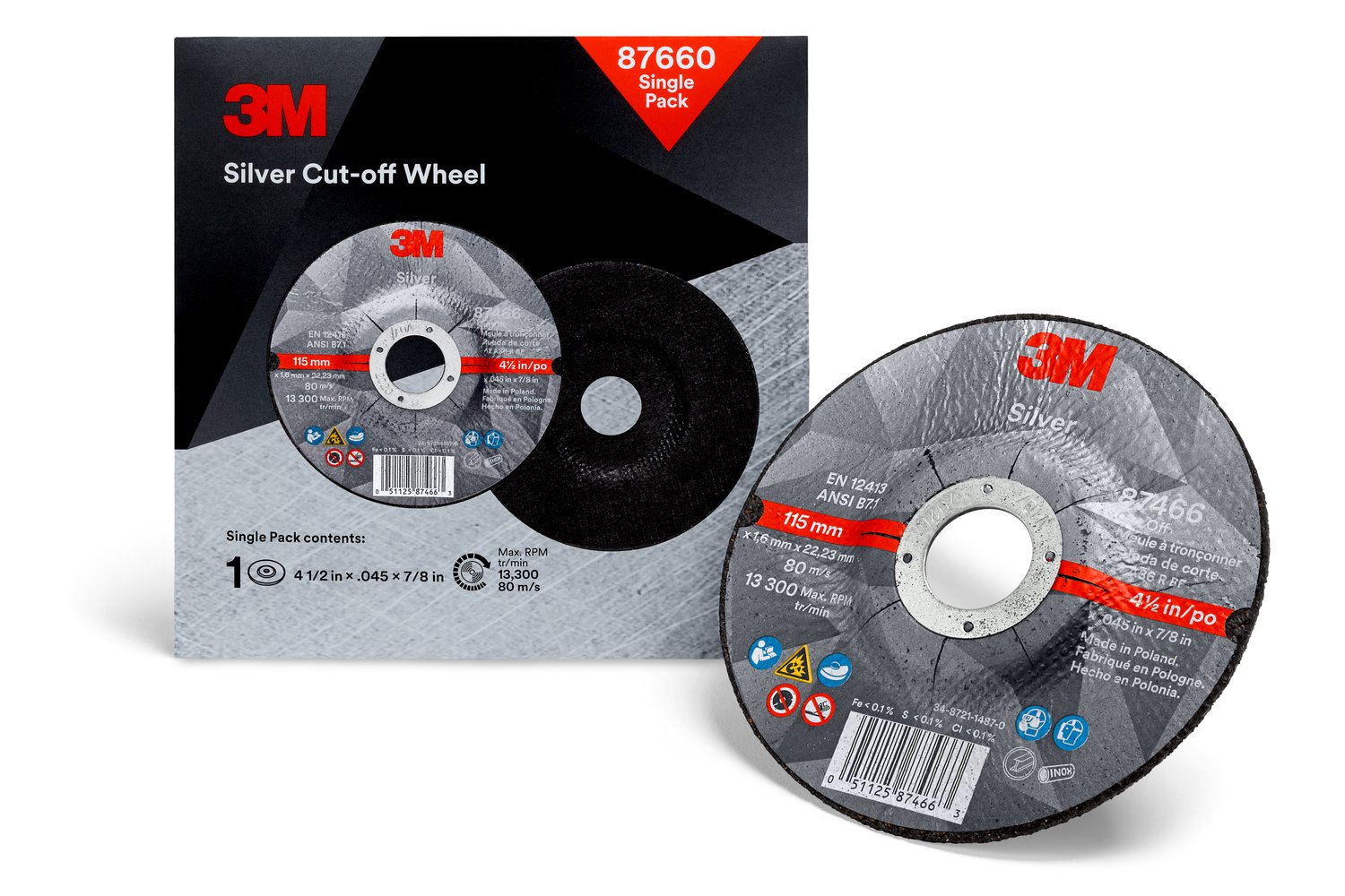 7100147388 - 3M Silver Cut-Off Wheel, 87660, 36+, T27, 4.5 in x 0.045 in x 7/8 in, Single Pack, 10 ea/Case