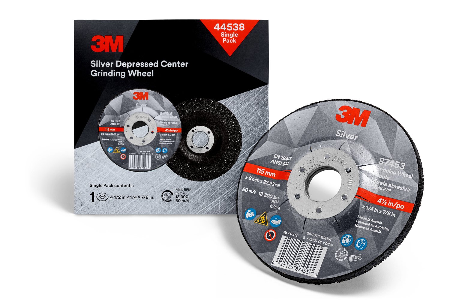 7100147339 - 3M Silver Depressed Center Grinding Wheel, 44538, 36+, T27, 4.5 in x 1/4 in x 7/8 in, Single Pack, 10 ea/Case