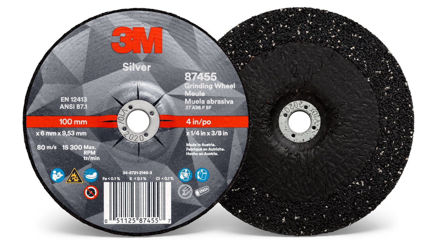 7100141077 - 3M Silver Depressed Center Grinding Wheel, 87455, 36+, T27, 4 in x 1/4 in x 3/8 in, 10/Carton, 20 ea/Case