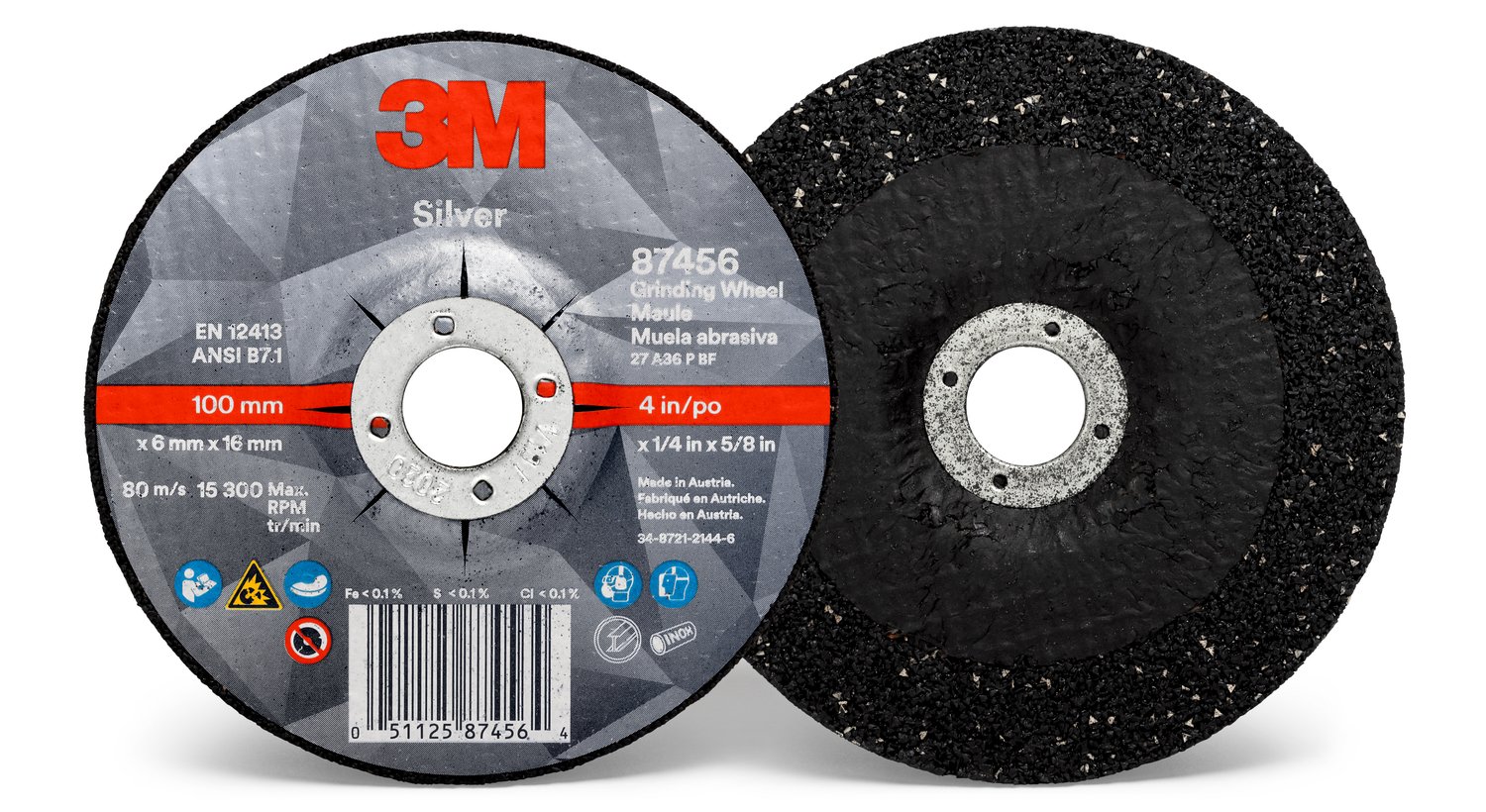 7100141076 - 3M Silver Depressed Center Grinding Wheel, 87456, 36+, T27, 4 in x 1/4 in x 5/8 in, 10/Carton, 20 ea/Case