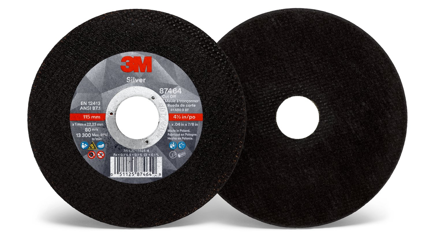 7100139226 - 3M Silver Cut-Off Wheel, 87464, 60+, T1, 4.5 in x 0.04 in x 7/8 in, 50 ea/Case