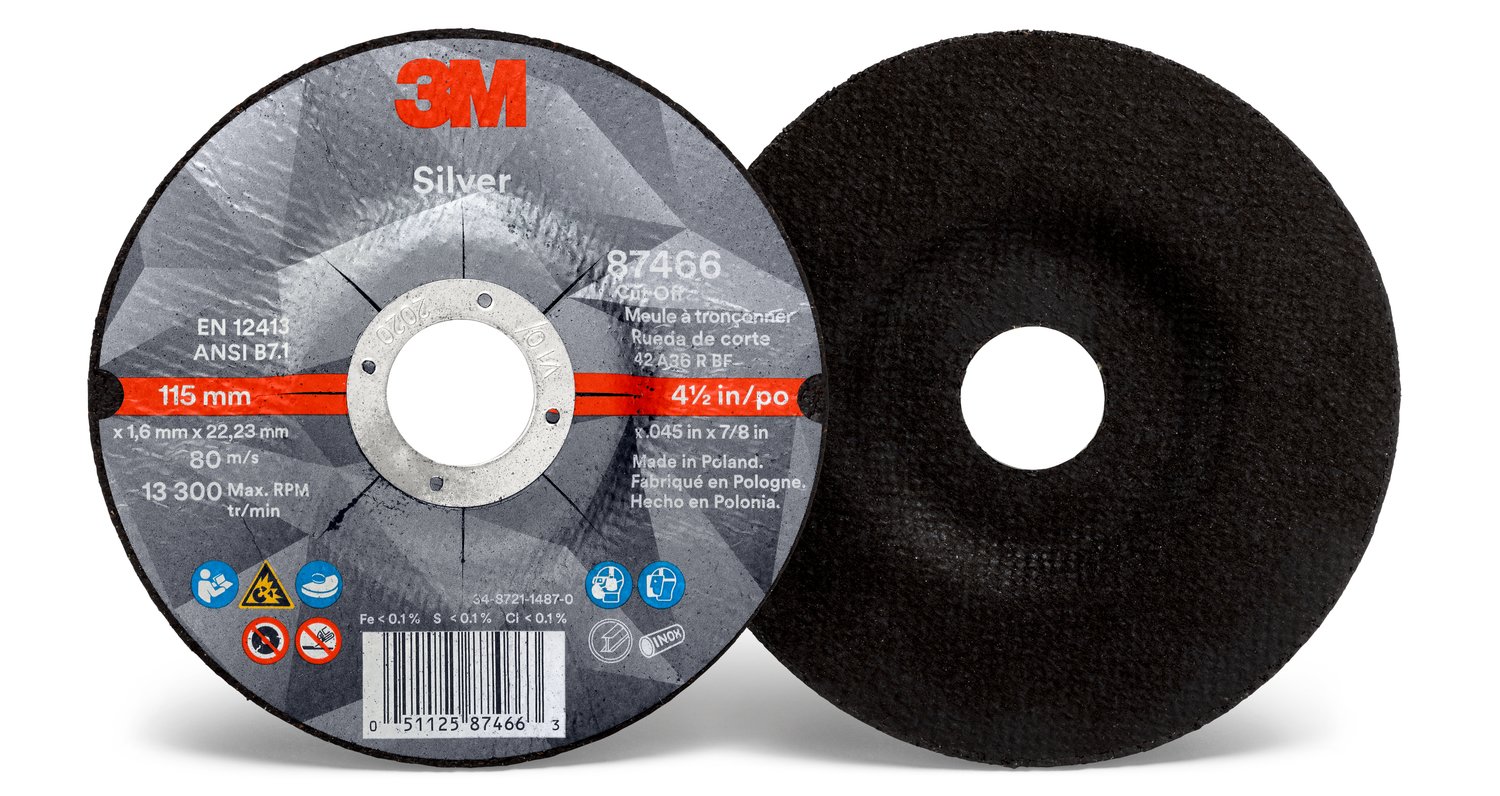 7100139230 - 3M Silver Cut-Off Wheel, 87466, 36+, T27, 4.5 in x 0.045 in x 7/8 in, 50 ea/Case