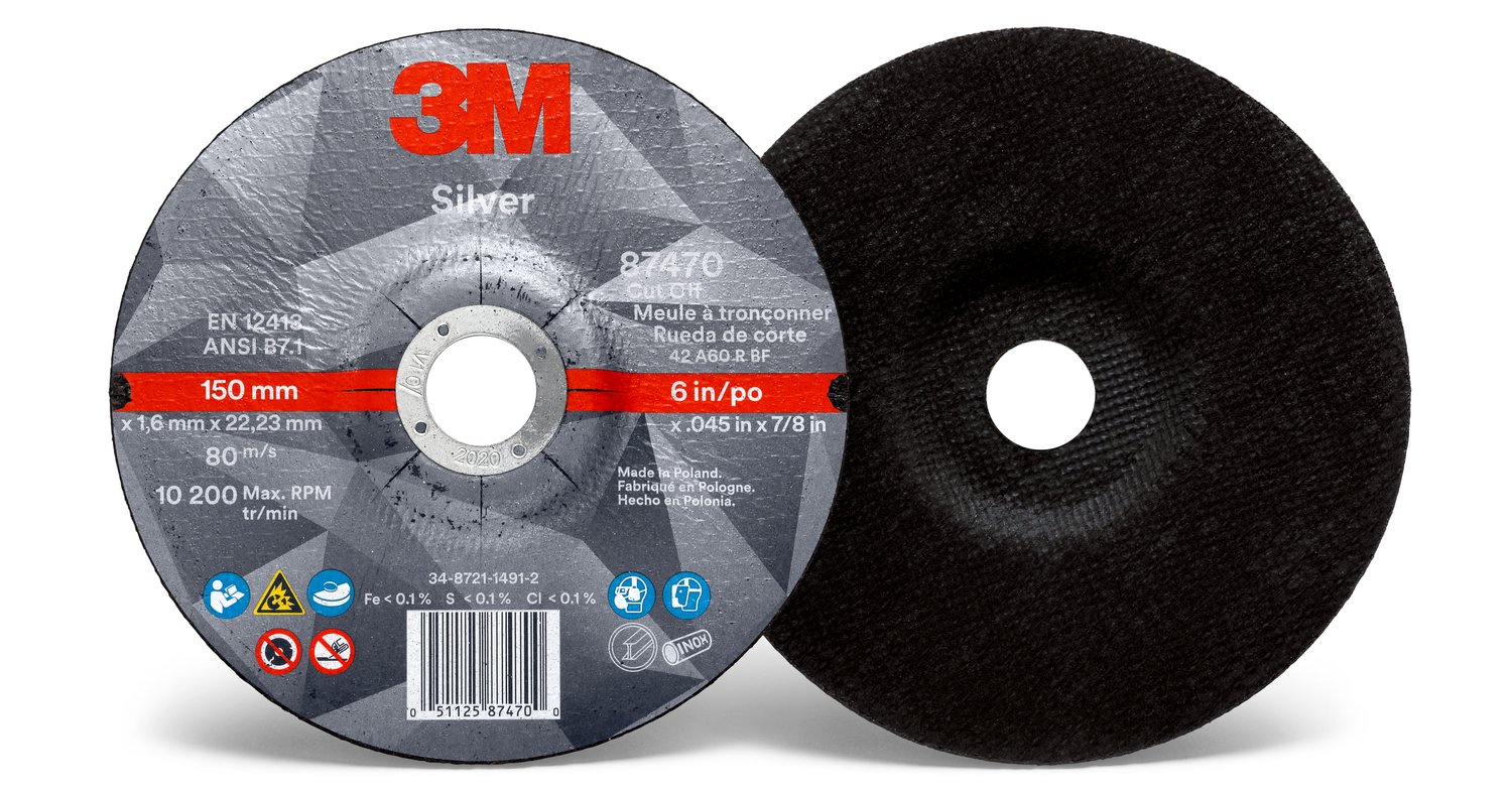 7010409304 - 3M Silver Cut-Off Wheel, 87470, 36+, T27, 6 in x 0.045 in x 7/8 in, 25/Carton, 50 ea/Case