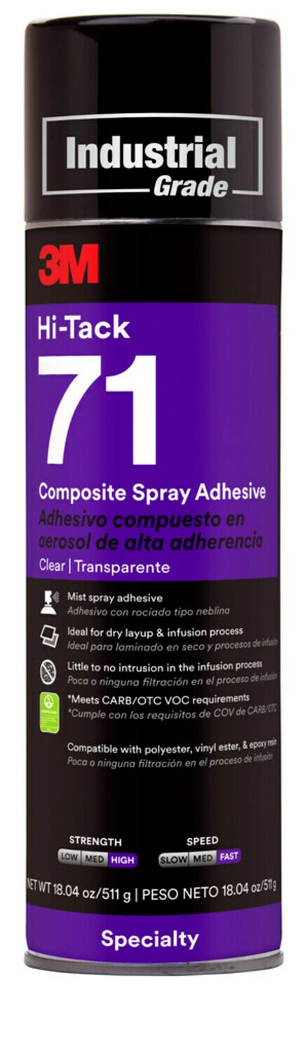 7010407935 - 3M Hi-Tack Composite Spray Adhesive 71, Clear, 24 fl oz (Net Wt 18.04 oz), 12 Can/Case
