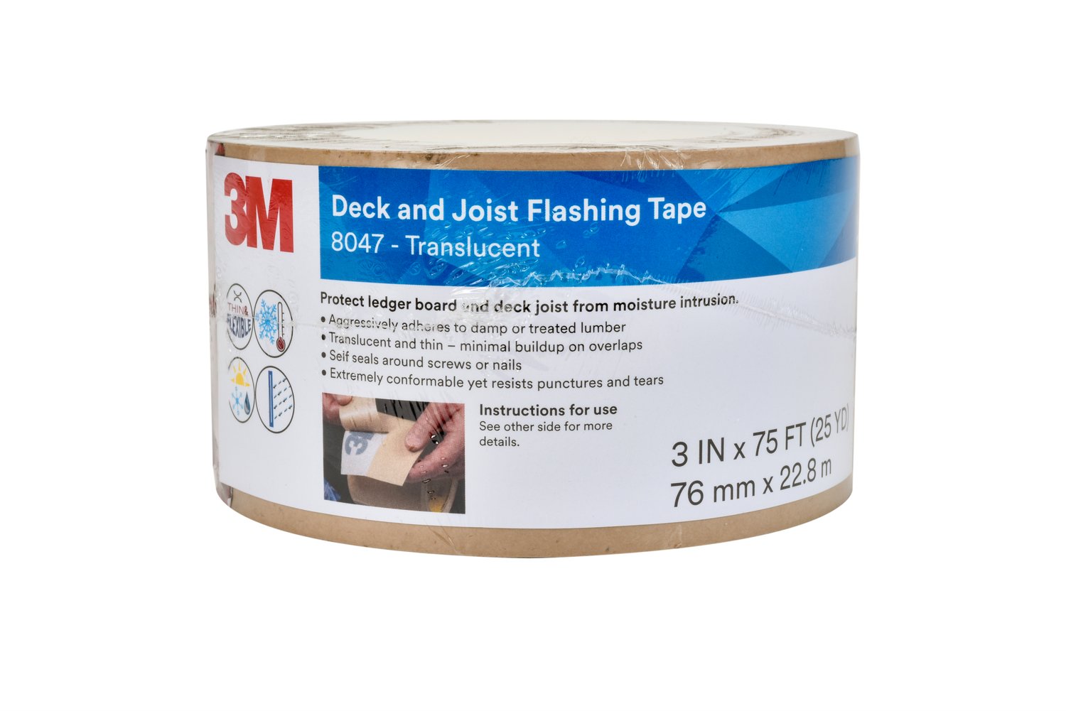 7010379532 - 3M Deck and Joist Flashing Tape 8047, Translucent, 3 in x 75 ft, 12
rolls per case, Solid Liner