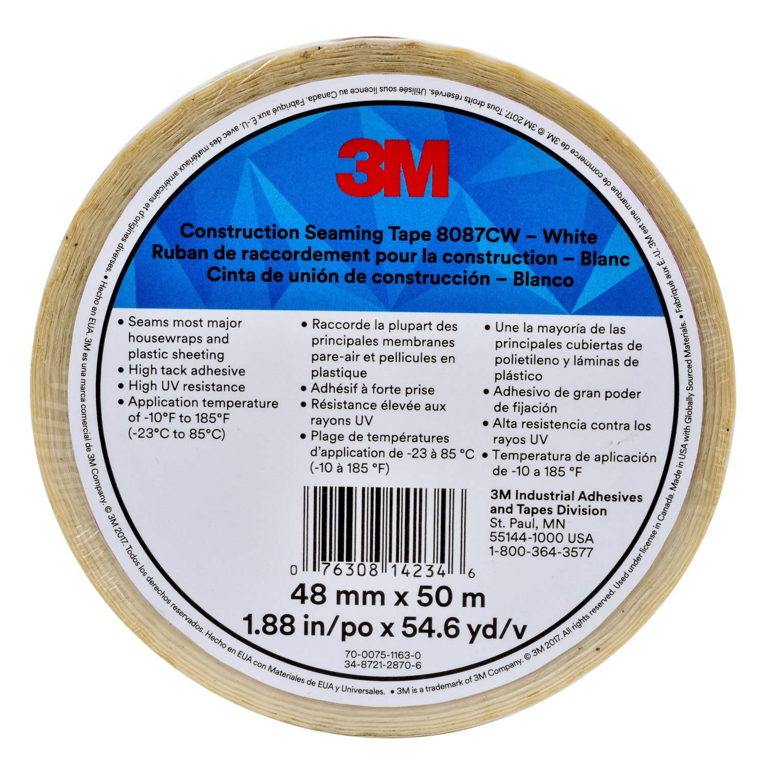 7010379550 - 3M Construction Seaming Tape, 8087CW, White, 48 mm x 50 m, 24 Roll/Case