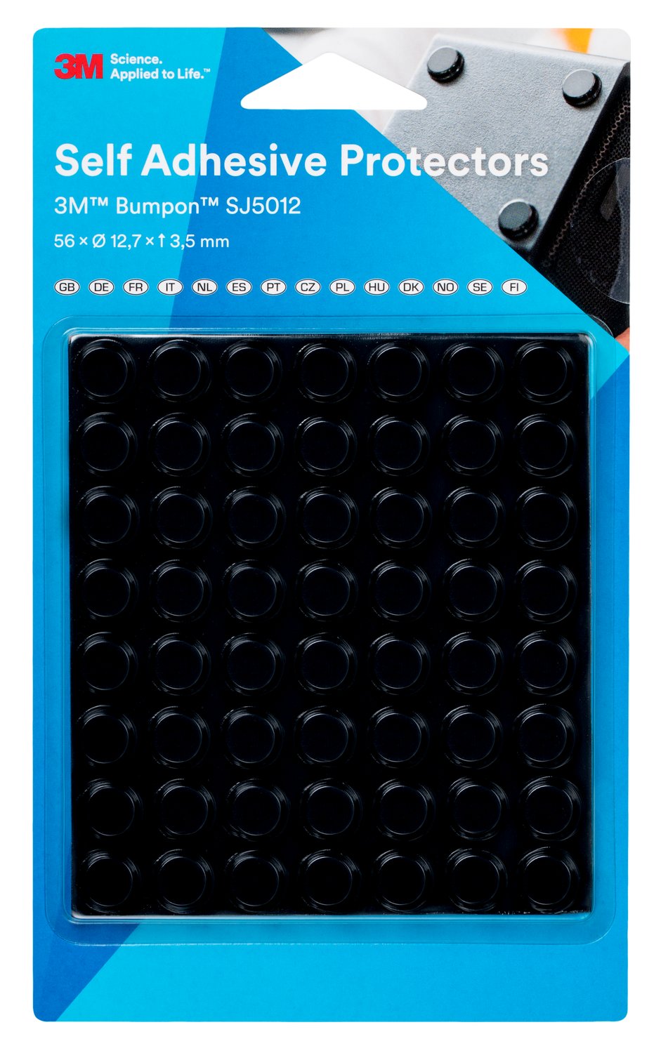 7100145640 - 3M Bumpon SJ5012Bl Elastic Buffer Mini-Pack, Black, 56 Pieces, 12.7 x
3.5 mm, 18 Pack/Case