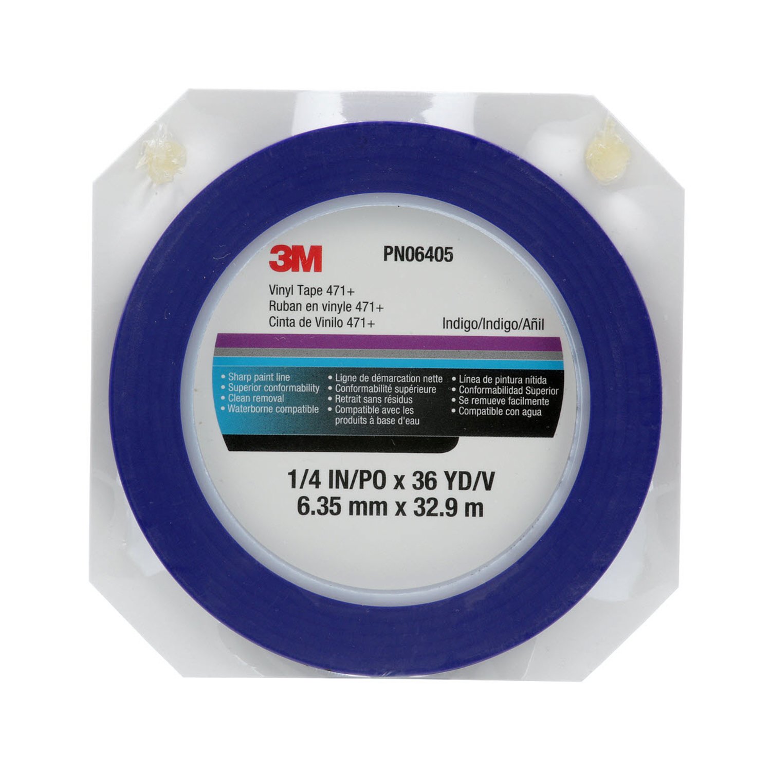 7100055835 - 3M Vinyl Tape 471+, Indiago, 1/4 in x 36 yd, 5.3 mil, 144 Roll/Case, Individually Wrapped Conveniently Packaged