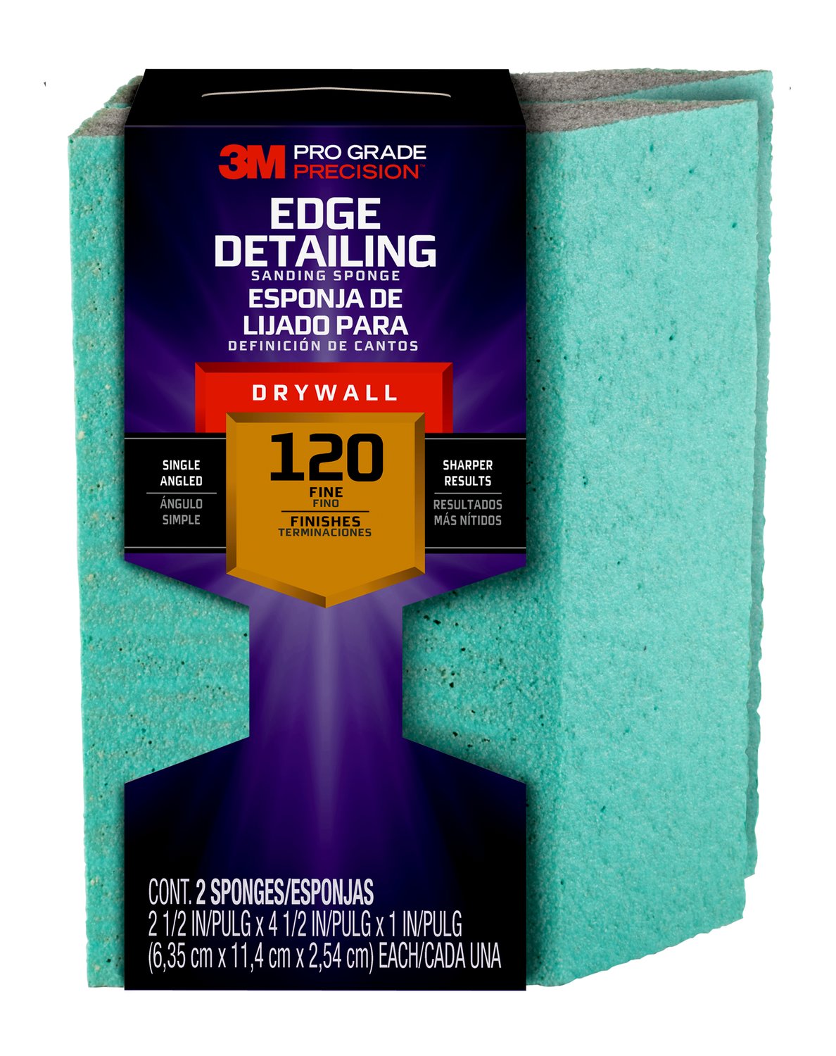 7010417429 - 3M Pro Grade Precision Drywall Edge Detailing Angled Sanding Sponge
Fine grit, 30904FPSA, 2.5 x 4.5 x1 in, 2/each, 6/case
