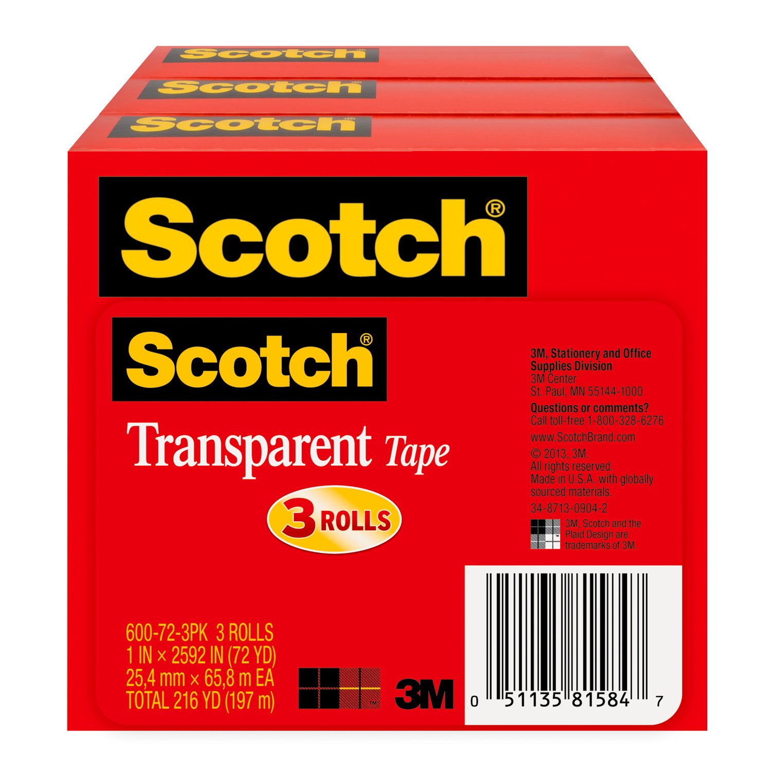 7010332683 - Scotch Transparent Tape 600-72-3PK, 1 in x 2592 in (25,4 mm x 65,8) 3PK