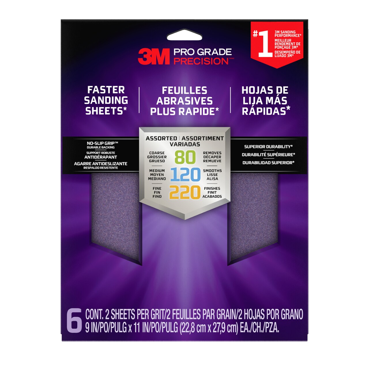 7100335466 - 3M Pro Grade Precision Sanding Sheets w/ NO-SLIP GRIP Backing SHRASST-PGP-6T, 9 in x 11 in, ASST Gr, 6 Shts/Pk