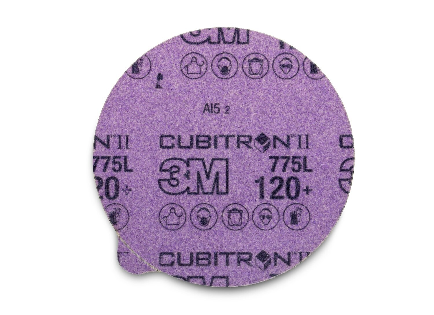 7100045865 - 3M Cubitron II Stikit Film Disc 775L, 120+ 3MIL, 5 in x NH, Linered w/Tab, Die 500X, 50/Carton, 250 ea/Case