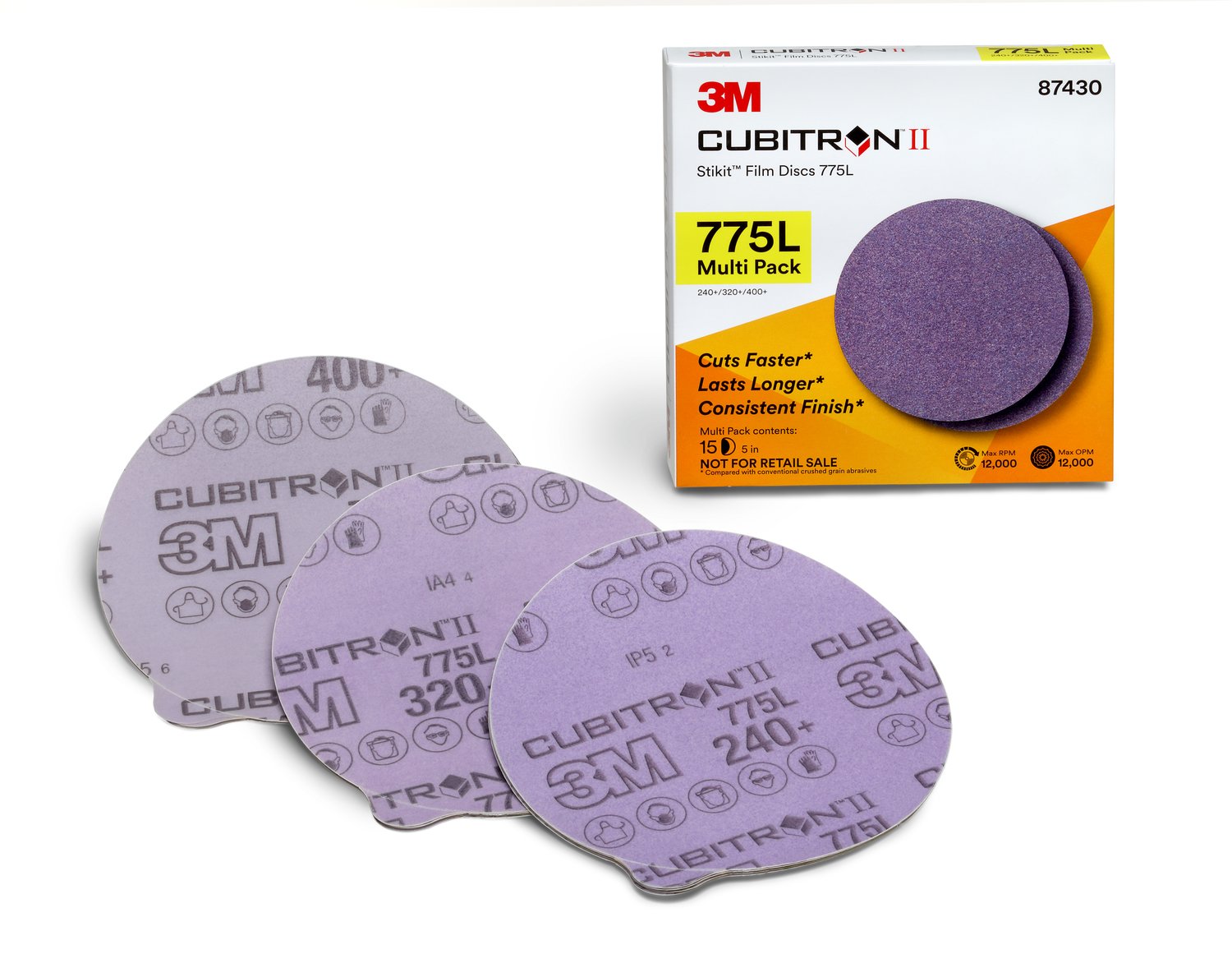 7100146005 - 3M Cubitron II Stikit Film Disc 775L, 87430, Multi-Grade 240+ - 400+ 3MIL, 5 in x NH, 20 Packs/Case, Multi-pack