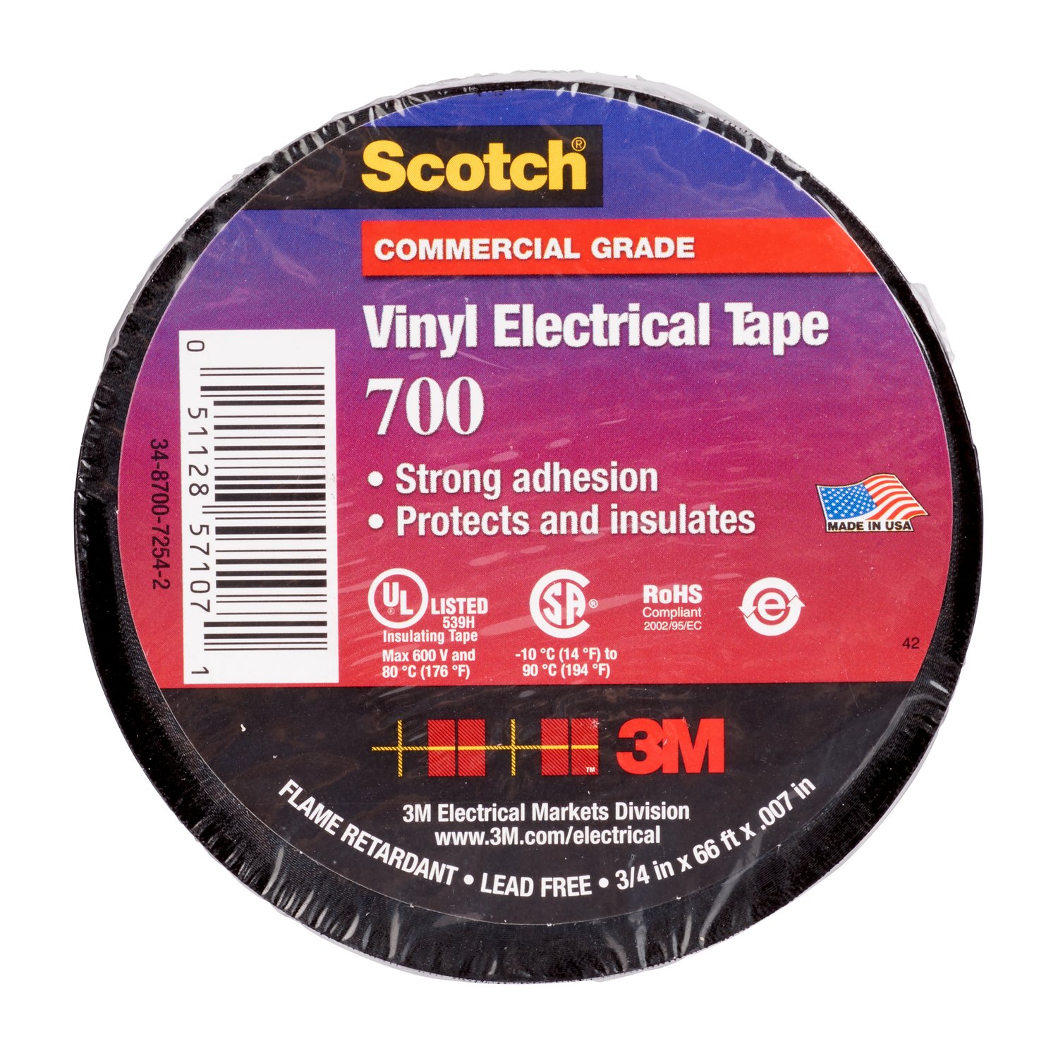 7000058619 - Scotch Vinyl Electrical Tape 700, 2 in x 20 ft, Black, 100 rolls/Case, NO SHRINKWRAP