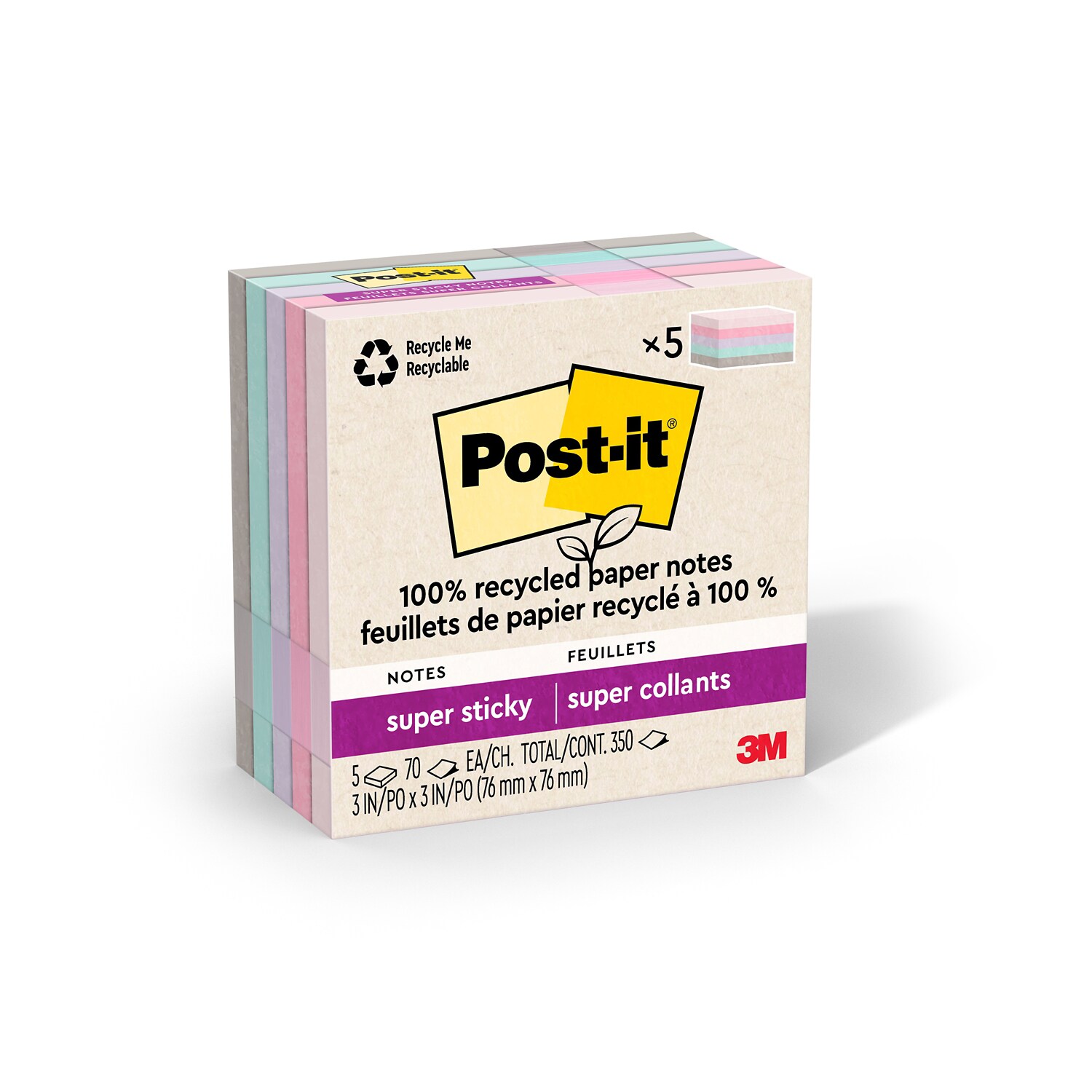 7100290313 - Post-it 100% Rec Paper Super Sticky Notes 654R-5SSNRP, Wanderlust, 3inx3in,5 pd/pk,70 sht/pd, 100% PEFC, SGSCH-PEFC-COC-110078