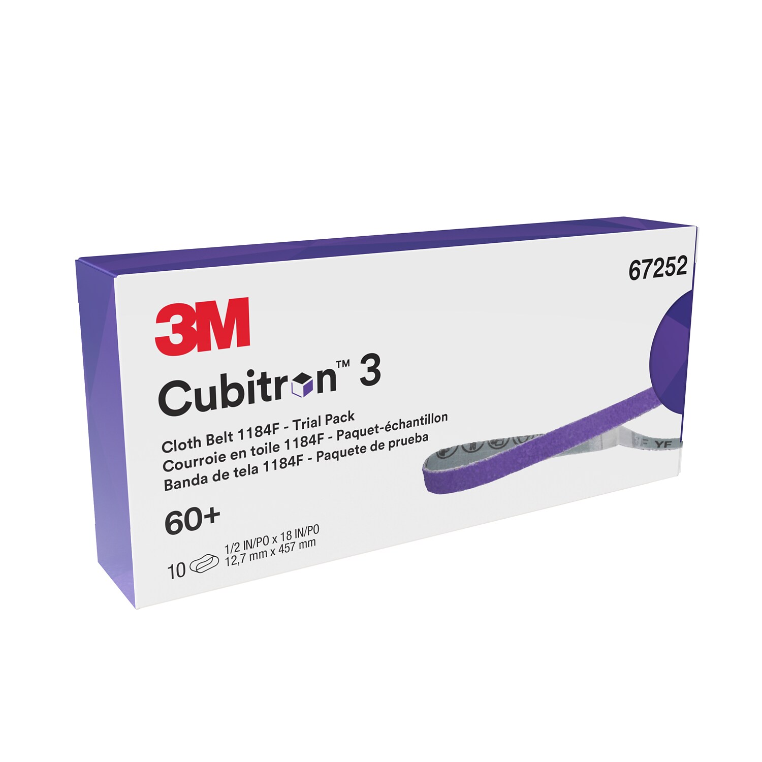 7100368326 - 3M Cubitron 3 Cloth Belt 1184F, 60+ YF-weight, 1/2 in x 18 in, Fabri-lok, Single-flex, 10/Carton, 5 ea/Case, Trial Pack