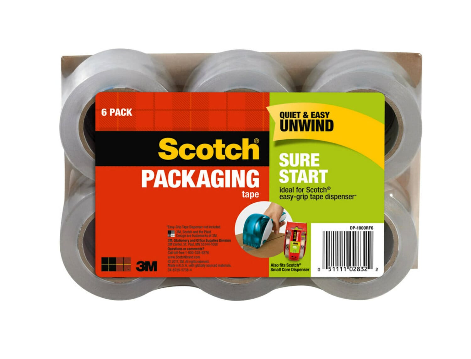 7010412624 - Scotch Sure Start Packaging Tape, DP-1000RF6, 1.88 in x 900 in (48 mm x 22,8 m), 6 Pack
