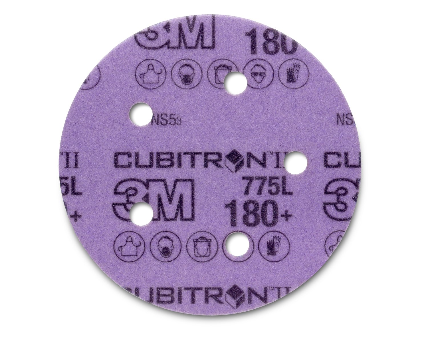 7100075208 - 3M Cubitron II Stikit Film Disc 775L, 180+ 3MIL, 5 in x NH, 5HL, Linered w/Tab, Die 500FH, 50/Carton, 250 ea/Case